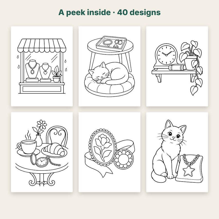 Cozy jewelry shop coloring page sample